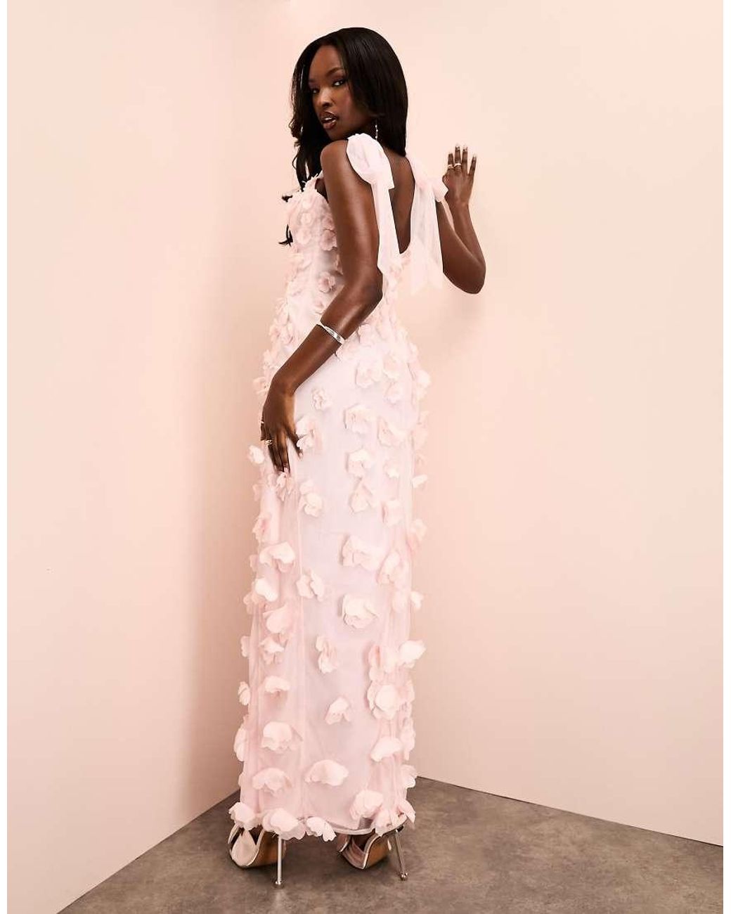 ASOS 3d Floral Tie Shoulder Maxi Dress With Side Split in Natural | Lyst UK