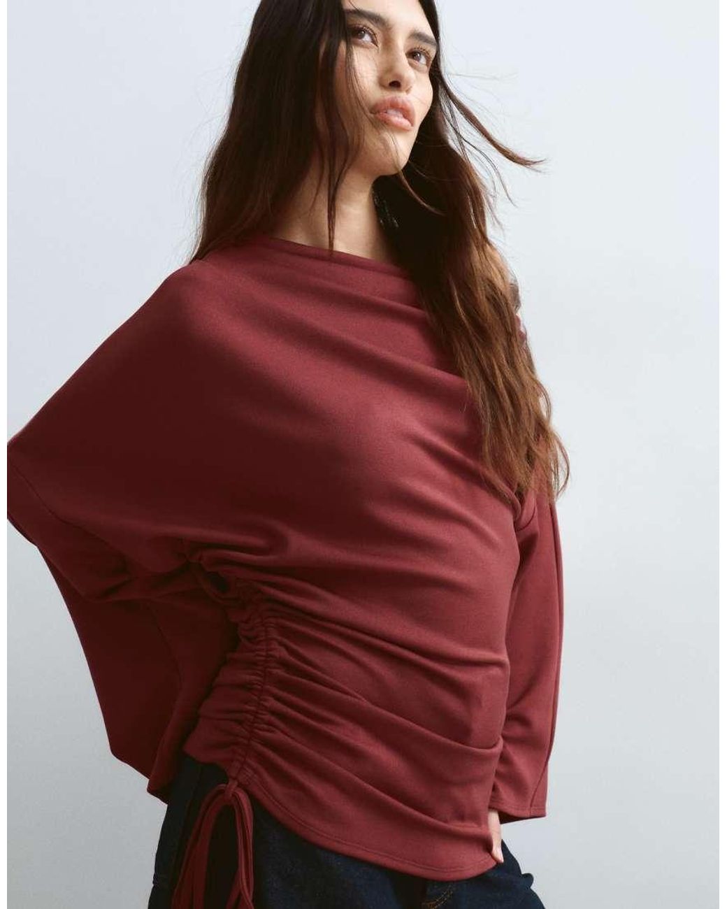 ARRANGE Red Jersey Off Shoulder Long Sleeve Top With Ruched Hem