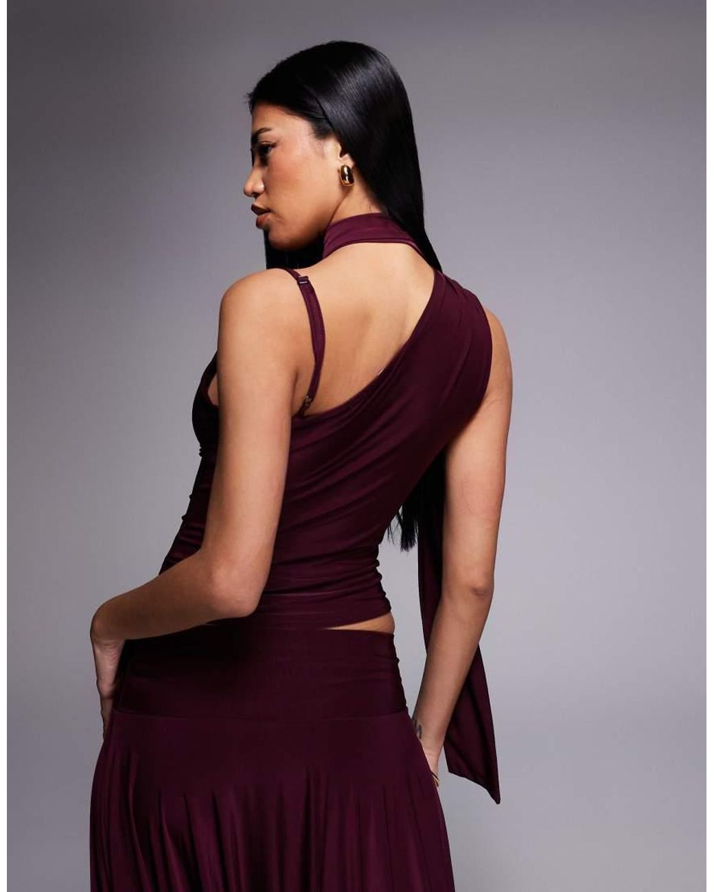 Kaiia Purple Exclusive Double Laye Slinky Cowl Neck Scarf Detail Top Co-ord