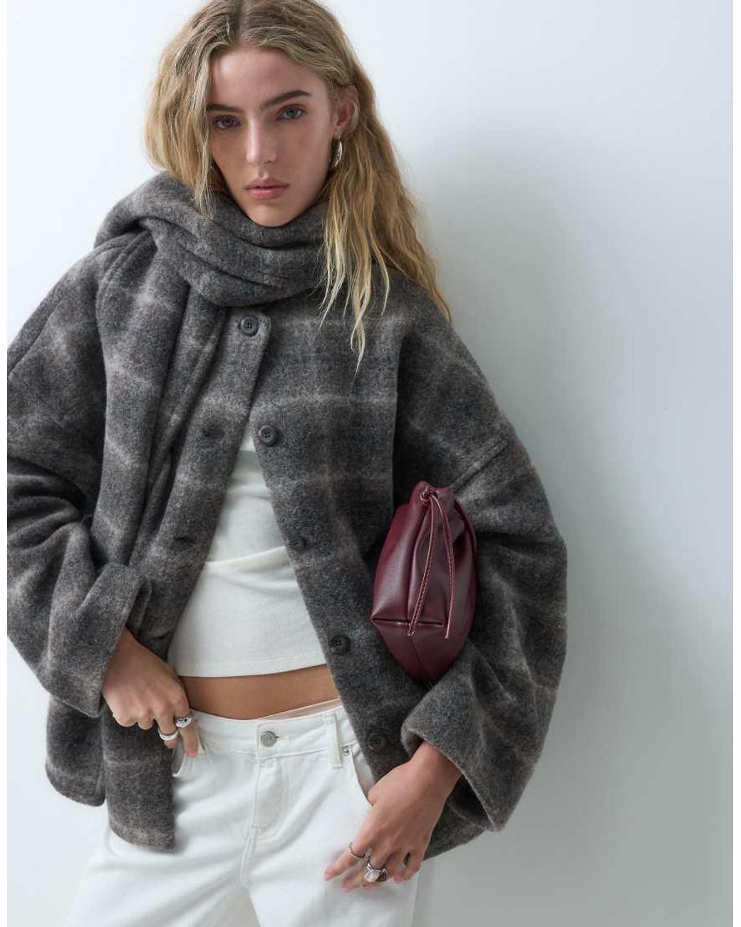 Object Gray Premium Short Wool-Blend Coat With Detachable Scarf