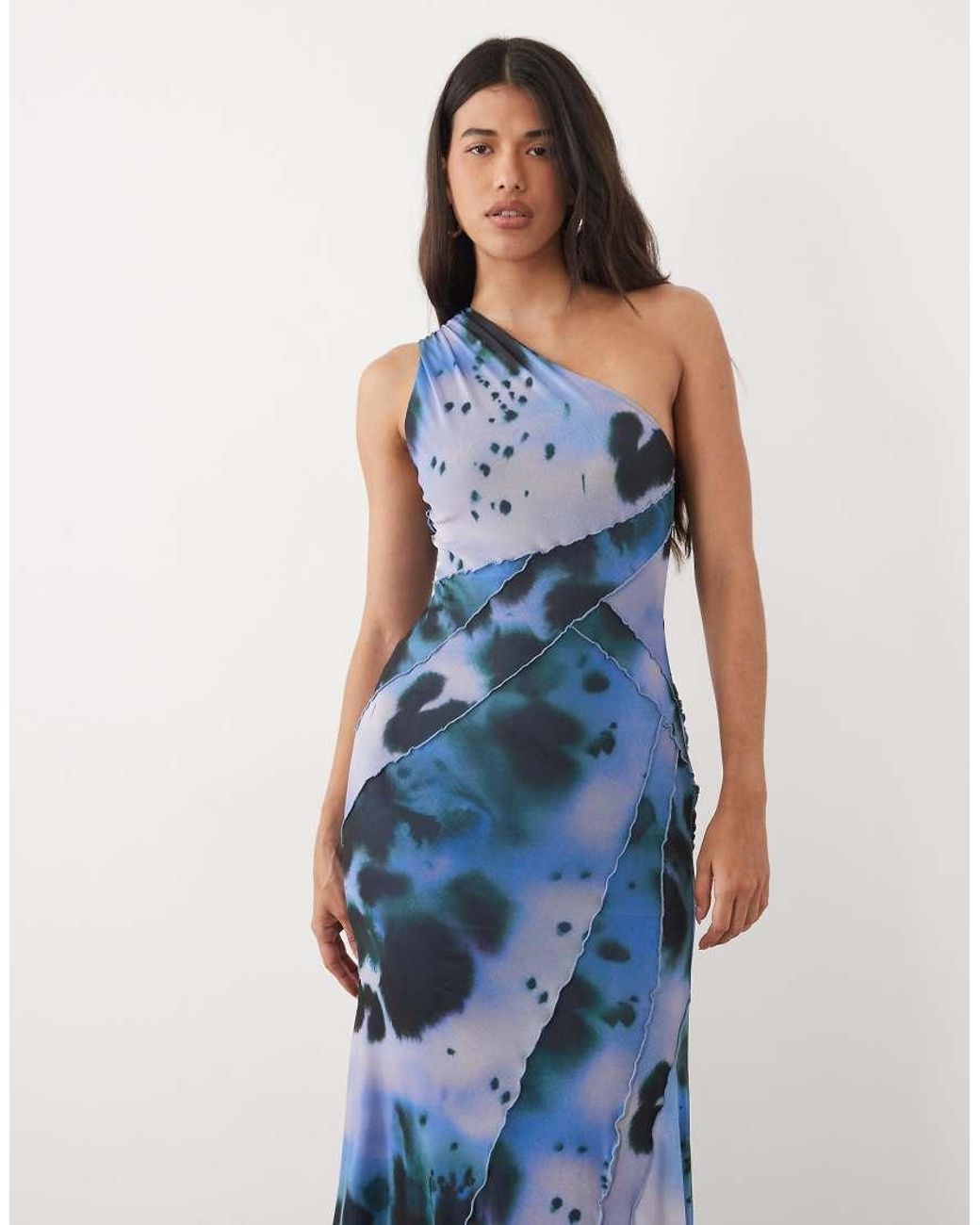 ASOS Blue Mesh One Shoulder Exposed Seams Maxi Dress With Full Hem