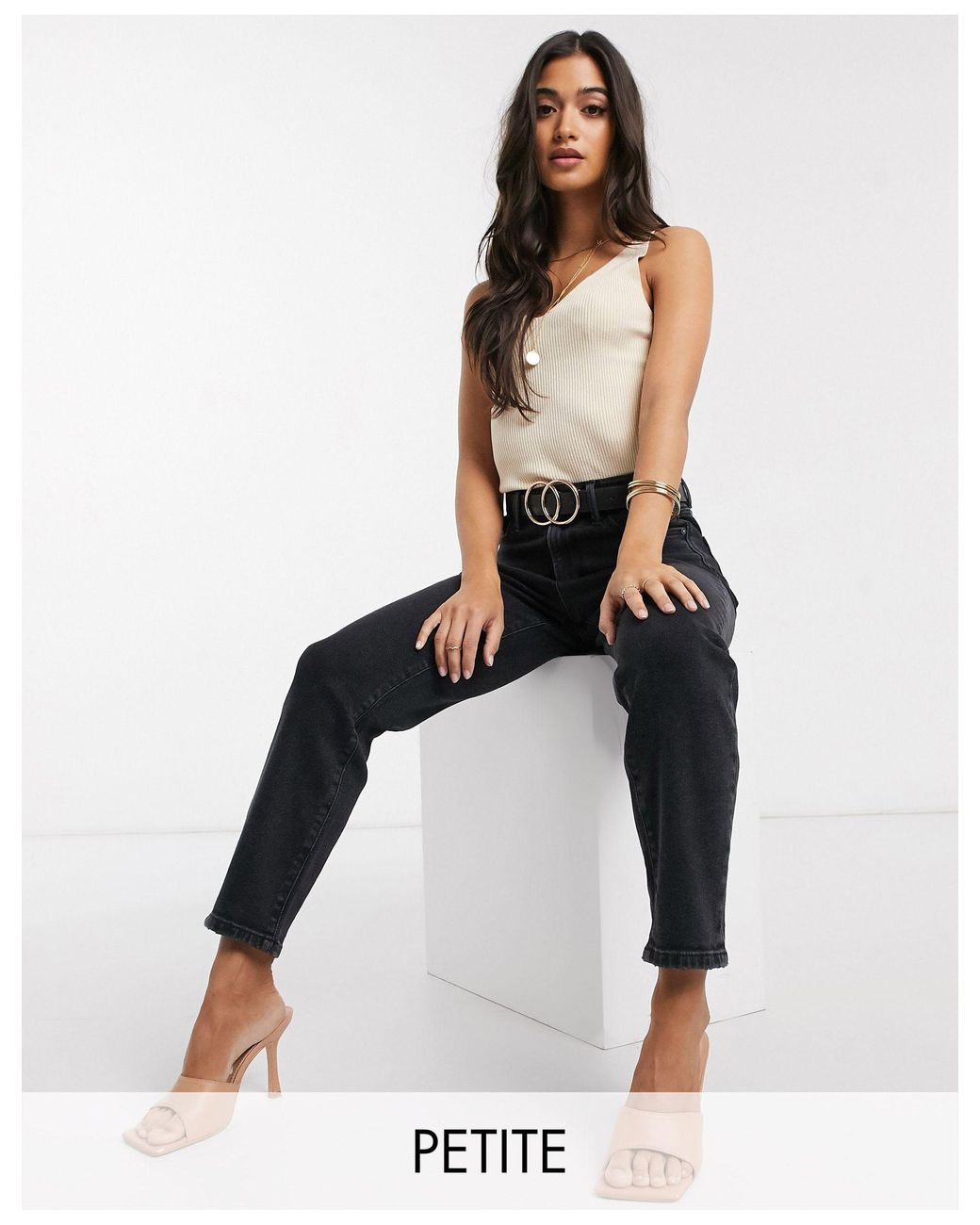 stradivarius petite slim mom jean with stretch in blue