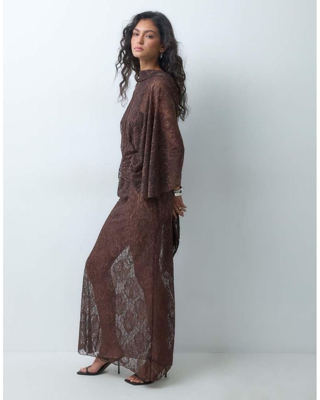 ASOS Brown Lace Flutter Sleeve V Back Maxi Dress