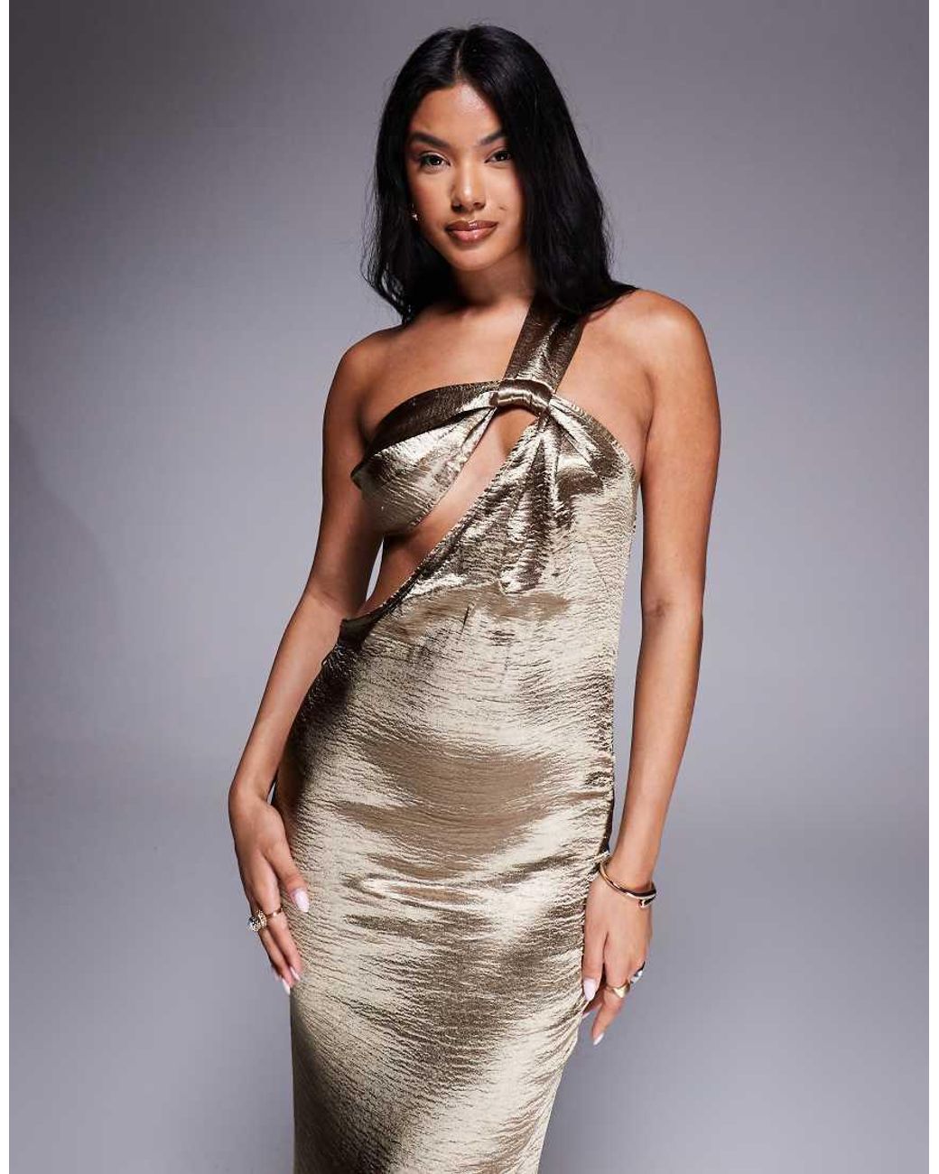Aria Cove Metallic Hammered Satin One Shoulder Open Back Fishtail Maxi Dress