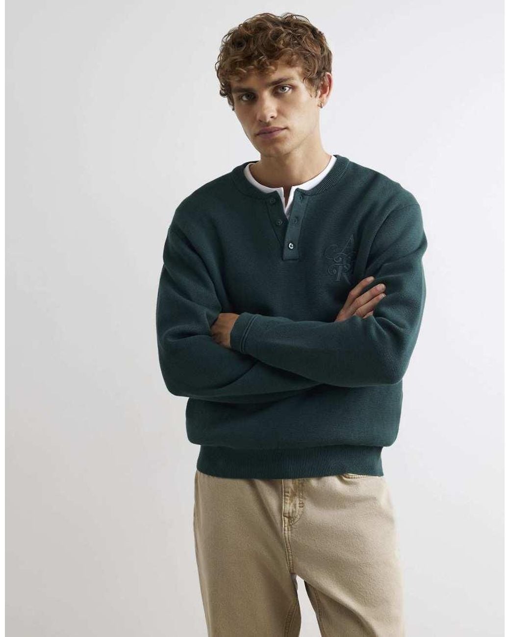 River Island Blue Regular Fit Embroidered Henley Jumper for men