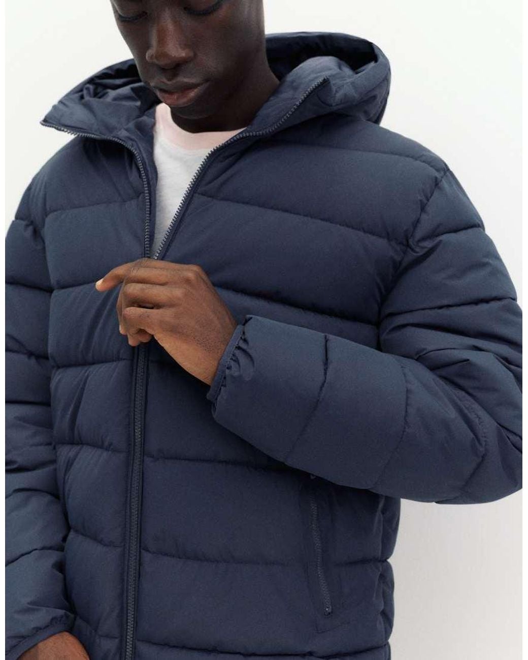 Pull&Bear Blue Puffer Jacket With Hood for men