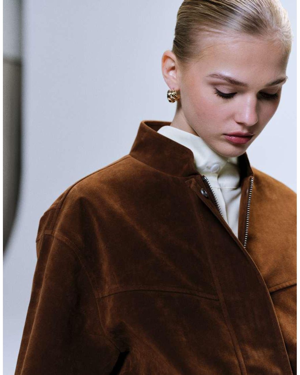 TOPSHOP Brown Faux Suede Bomber Jacket With Funnel Collar