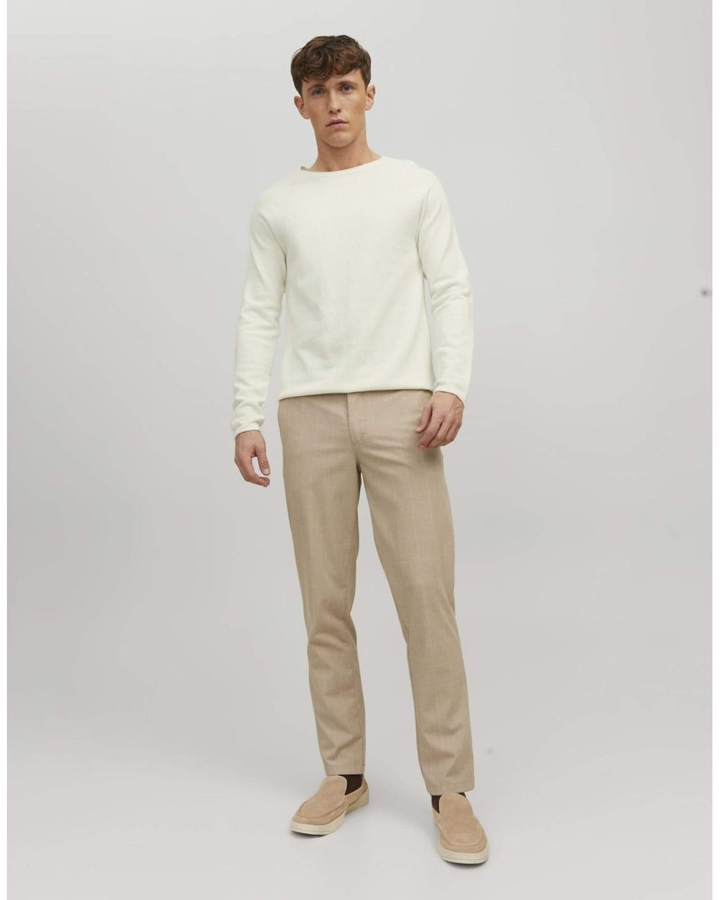 Jack & Jones Hill structure fit strickpullover mit rundhalsausschnitt in Natural für Herren