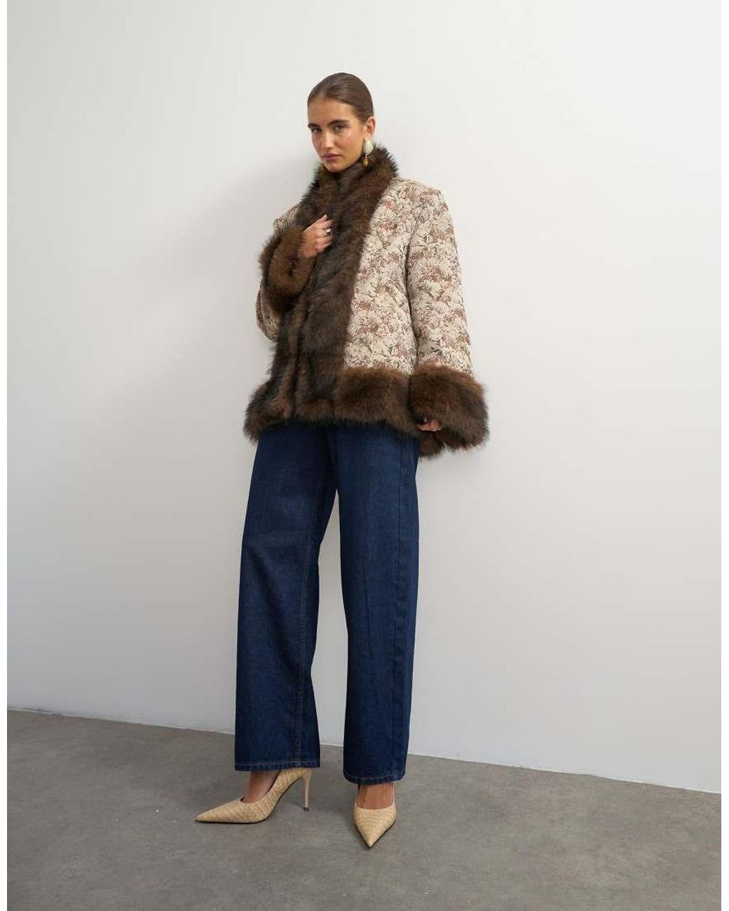 TOPSHOP Blue Jacquard Jacket With Faux Fur Trim