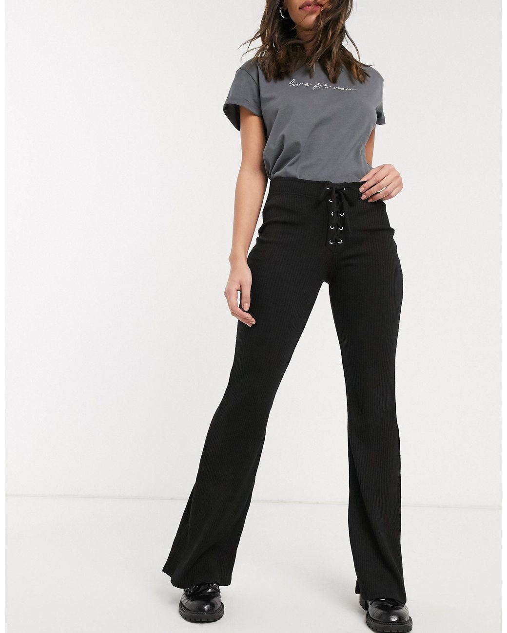 Bershka Synthetic Ribbed Flared Pants 