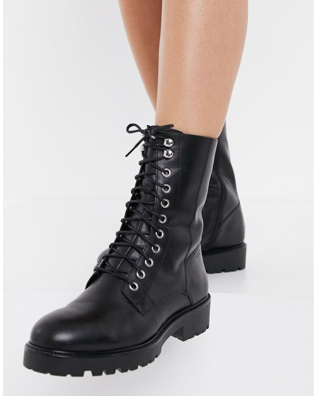 Vagabond Shoemakers Kenova Leather Lace Up Chunky Flat Ankle Boots With Warm in Black | Lyst