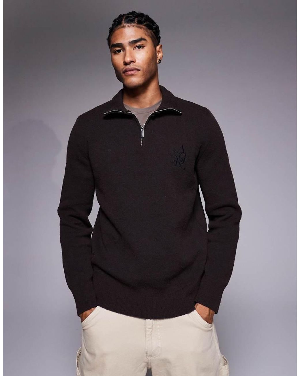 River Island Gray Textured Half Zip Jumper for men