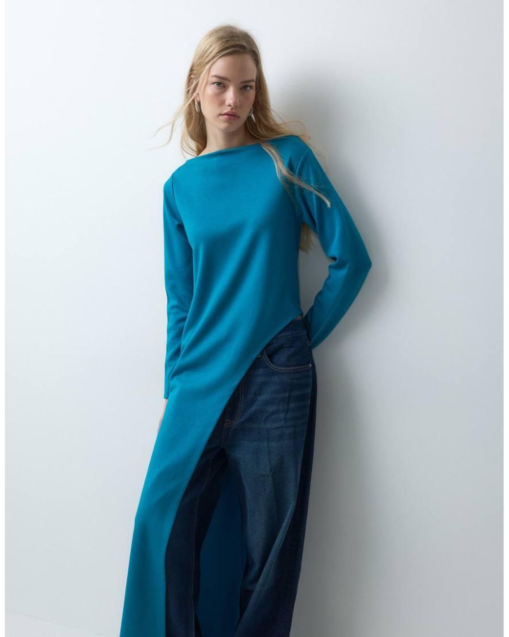 ASOS Blue Long Sleeve With Aysm Side Split Top