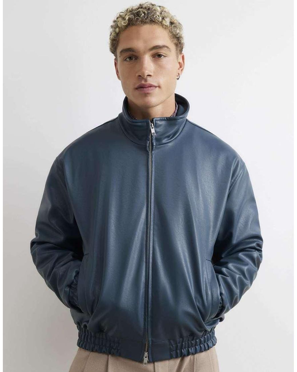 River Island Blue Faux Leather Embroidered Bomber Jacket for men