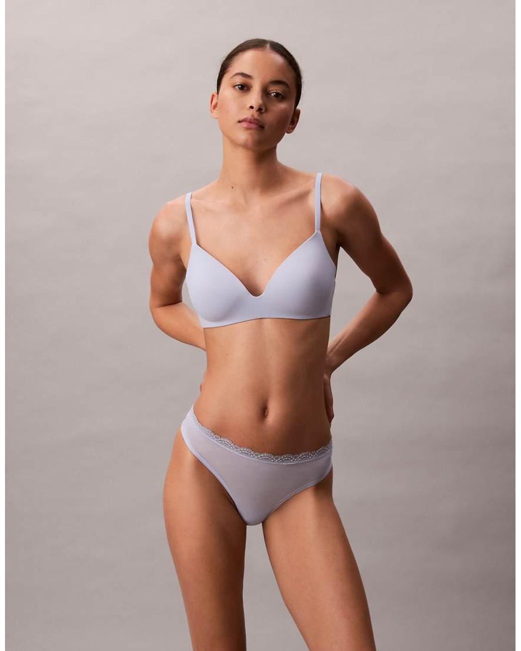 Calvin Klein Blue Microfibre Stretch Thong With Lace Trim