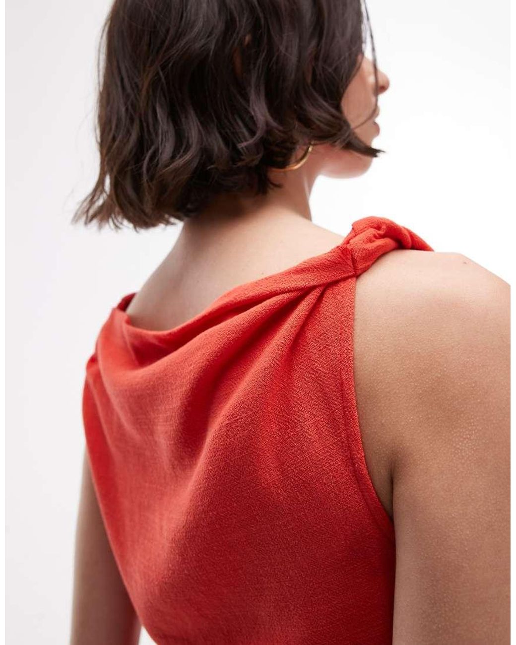 TOPSHOP Red Twist Shoulder Mini Linen Dress