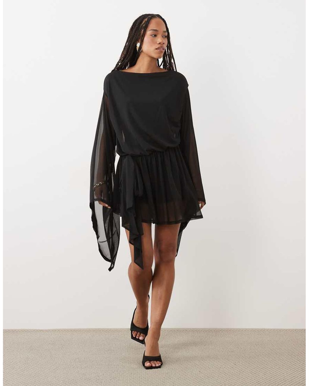 ASOS Black Mesh Tie Side Mini Dress With Extreme Sleeve