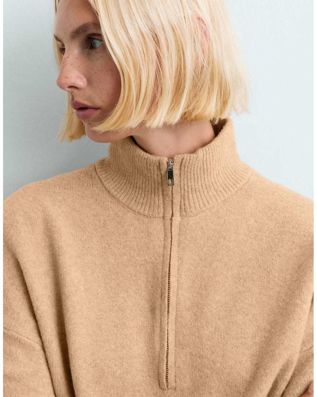 Oysho Natural High-Neck Jumper With Half Zip