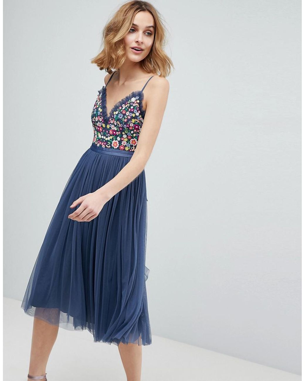 Needle & thread cami strap embroidered midi dress in rouge hotsell