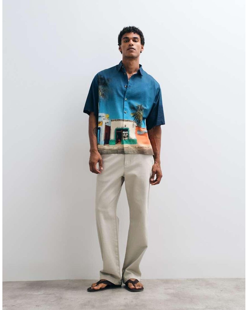 ASOS Blue Oversized Holiday Print Shirt With Linen for men