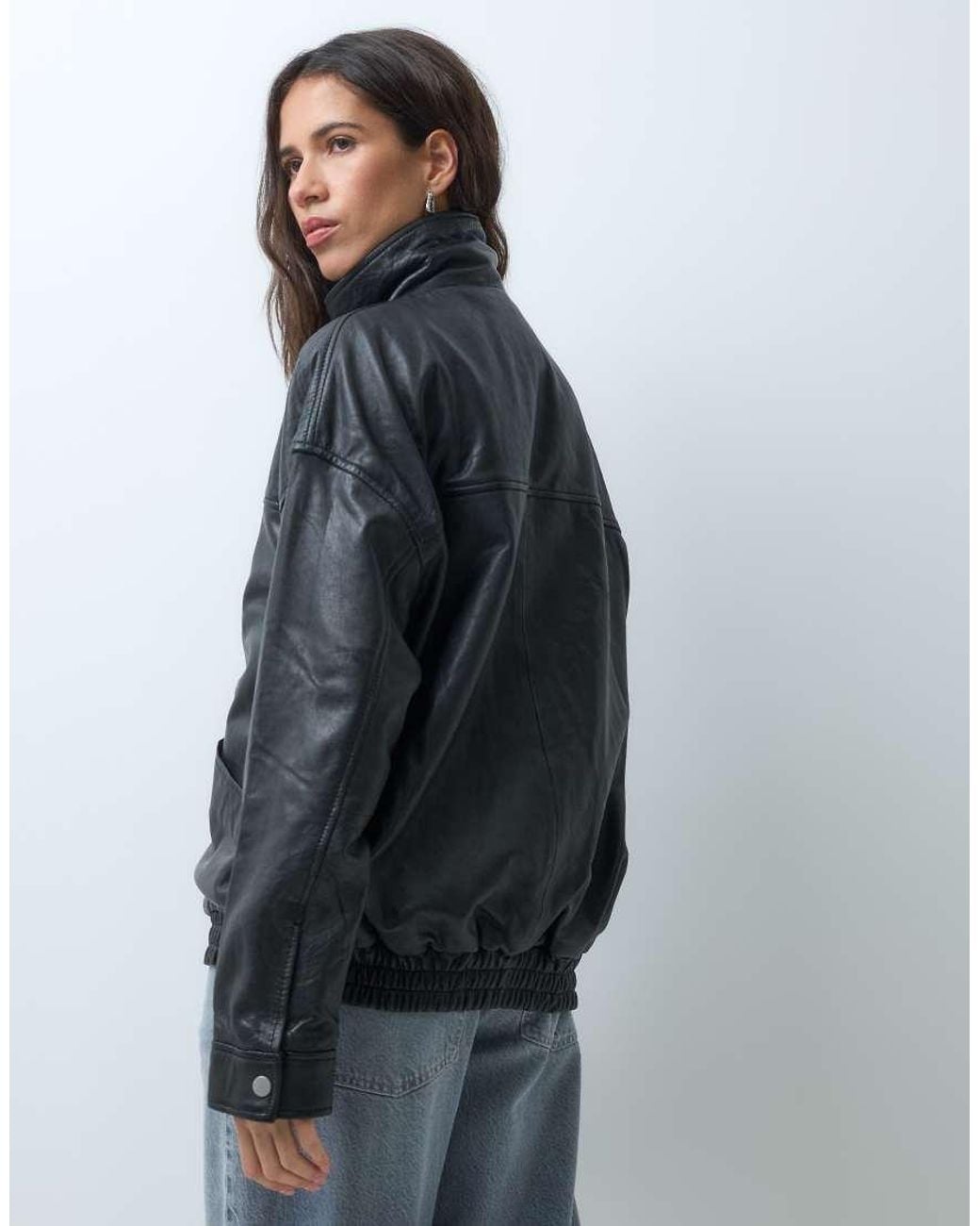 Barney's Originals Blue Real Leather Funnel Neck Bomber Jacket