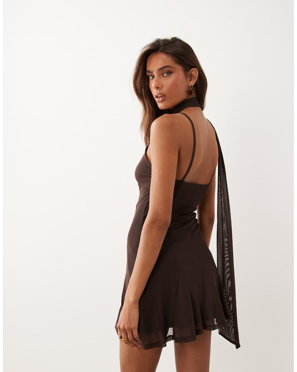 ASOS Brown Printed Scarf Detail Godet Mini Dress