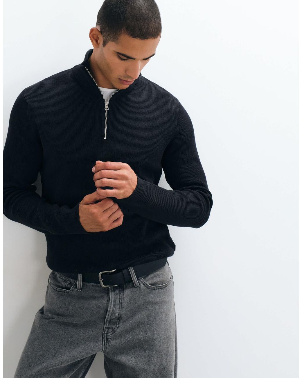 Only & Sons Black Ribbed Half Zip Jumper for men