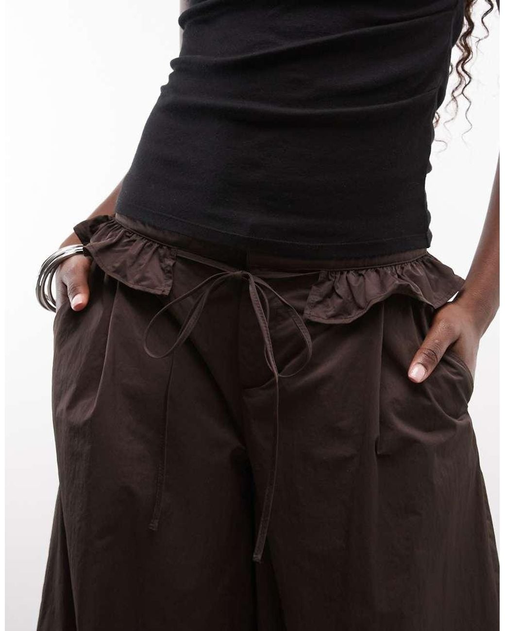 Monki Brown Tailored Balloon Trousers With Frill Detail