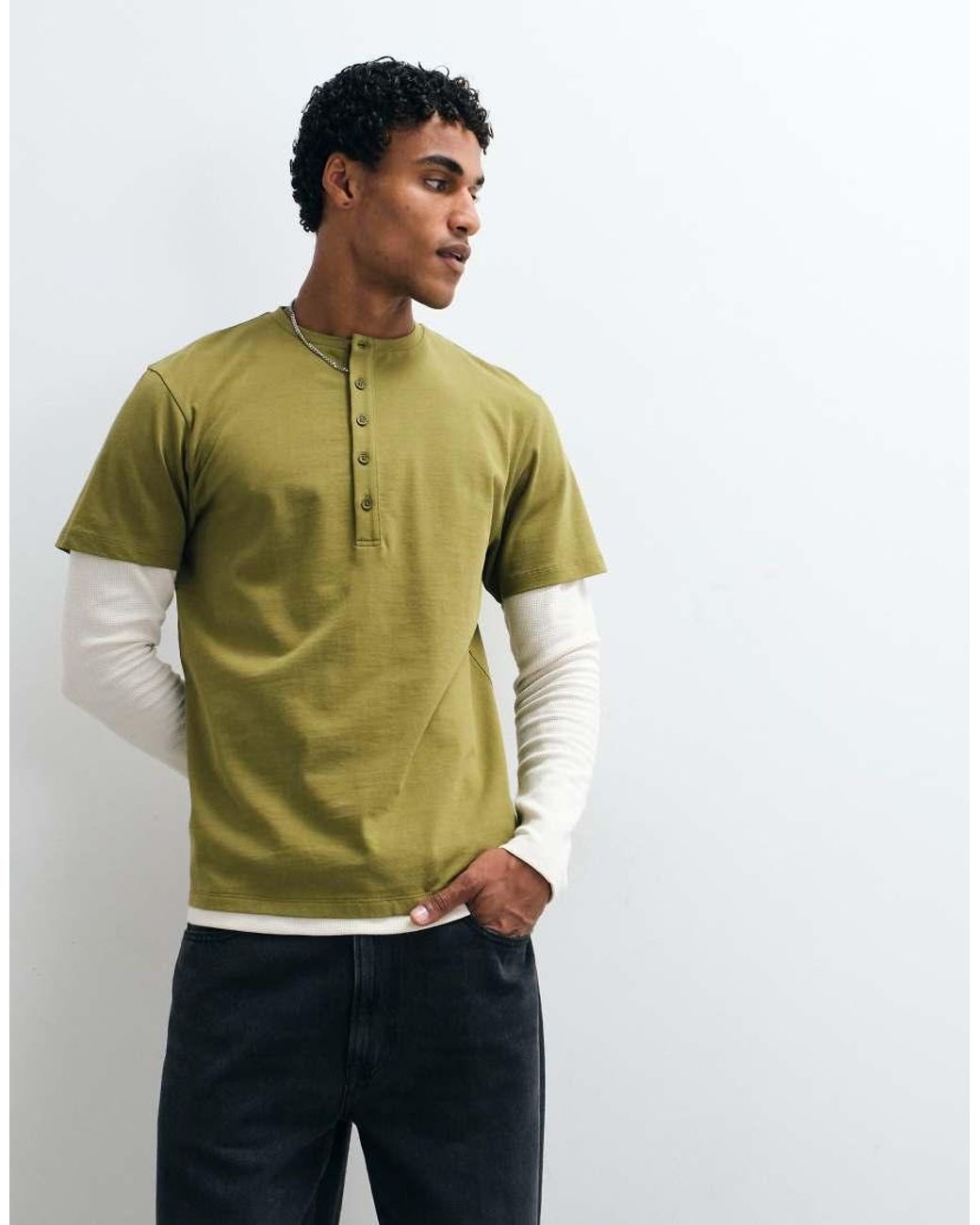ASOS Green Regular Fit Long Sleeve T-Shirt With Henley And Double Layer for men