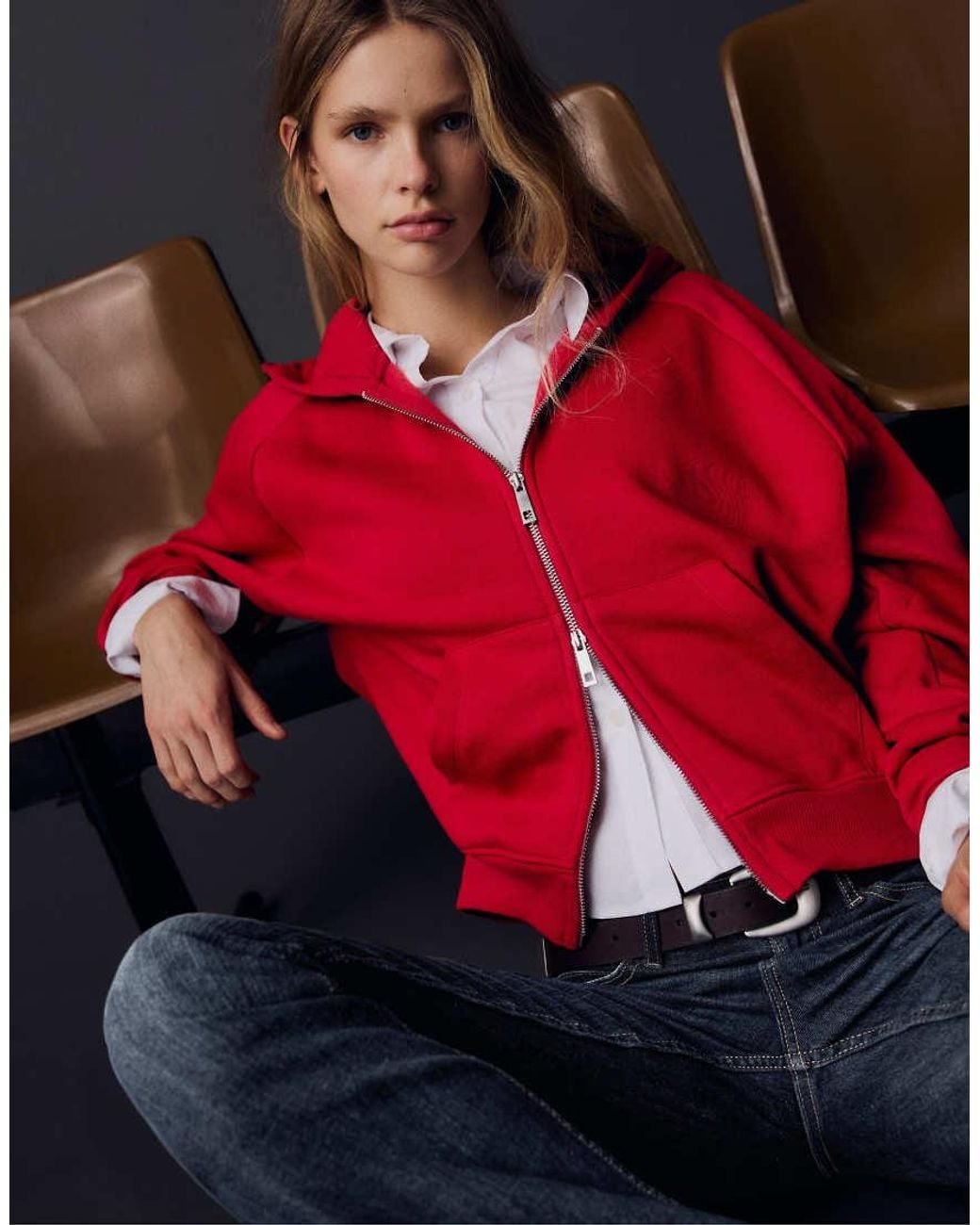 Bershka Red Zip-Up Plush Hooded Jacket
