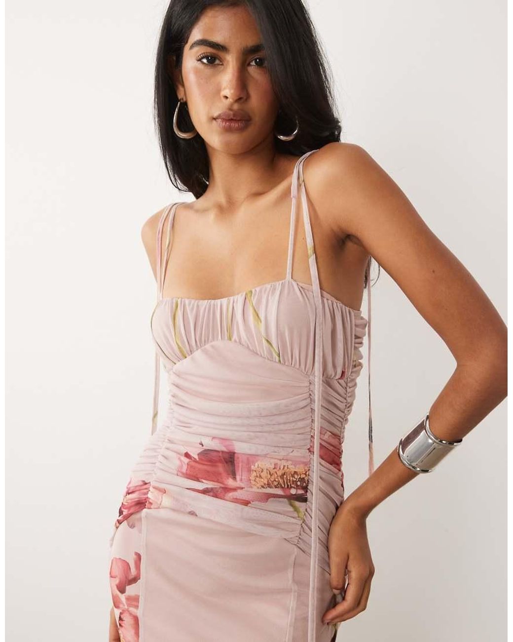 ASOS Brown Printed Mesh Fishtail Dress With Contrast Bust Insert