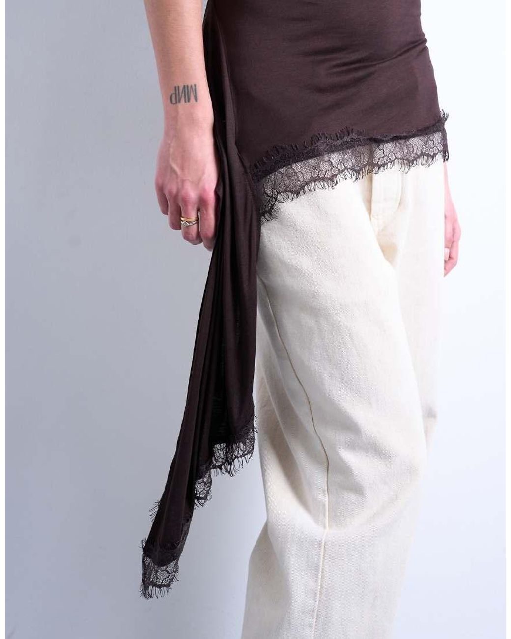 TOPSHOP White Cowl Neck Lace Trim Top