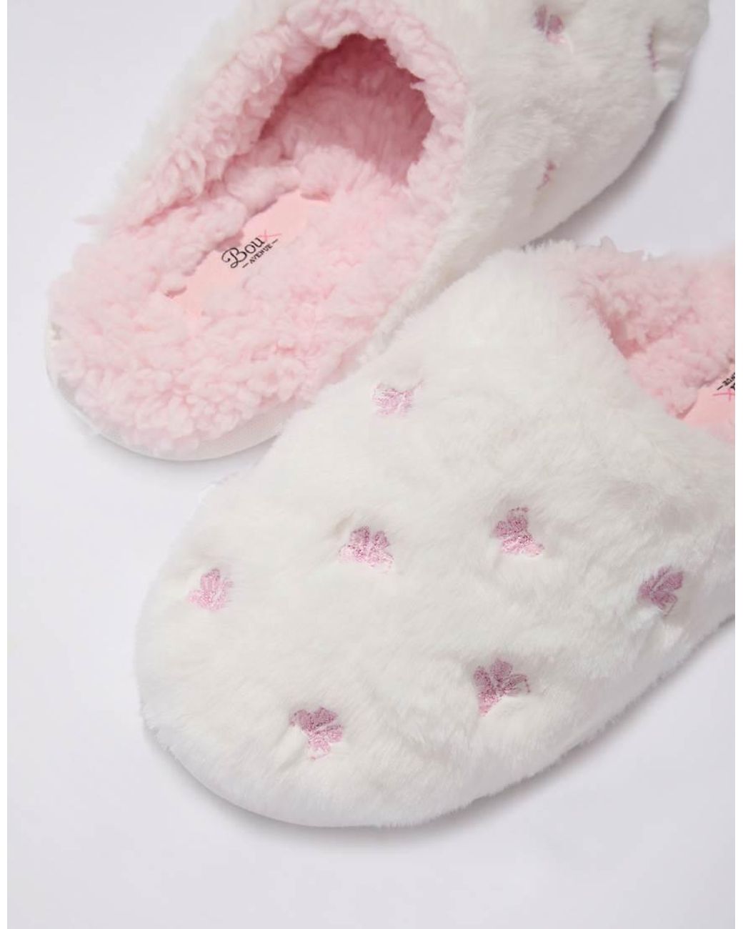 Boux Avenue White Bow Embroidered Fluffy Mule Slippers Soft Cosy Loungewear
