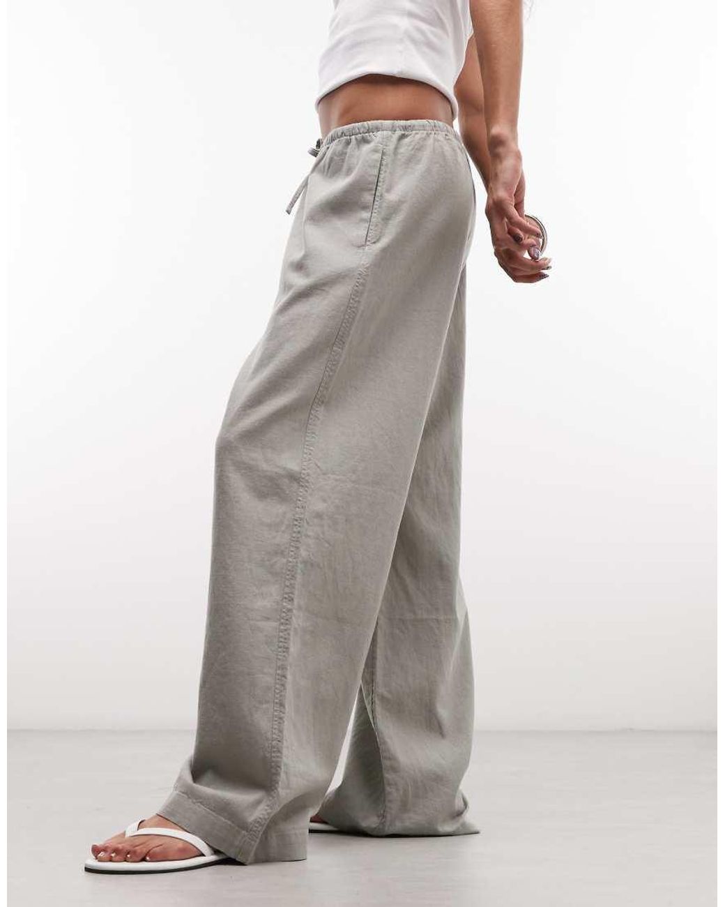 Weekday Gray Pull On Linen Mix Wide Leg Trousers
