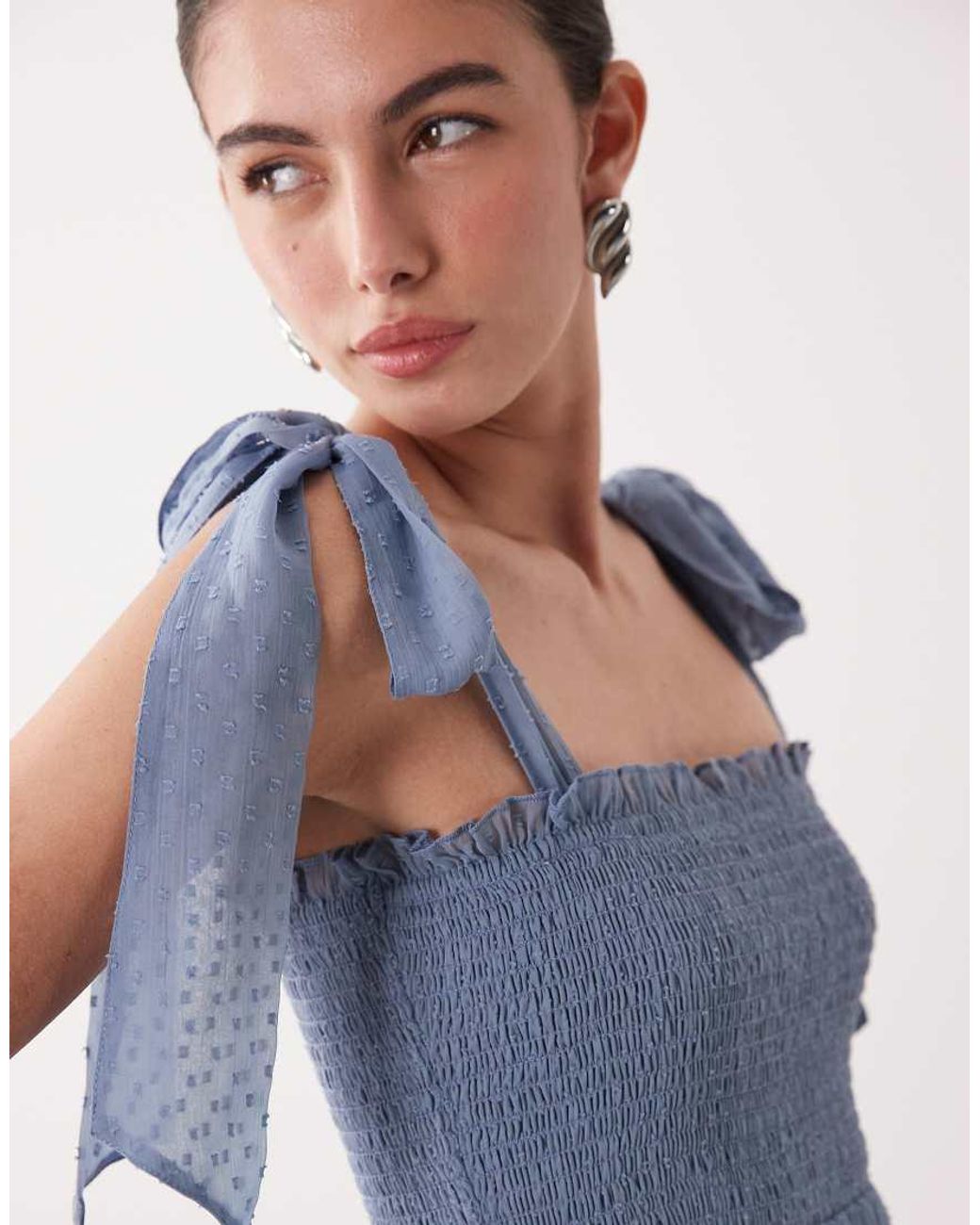 LACE & BEADS Blue Chiffon Dobby Bow Shoulder Shirred Ruffle Midi Dress