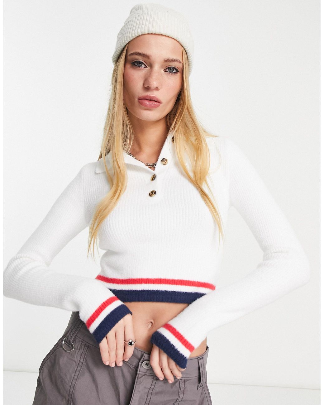 Bershka Knitted Long Sleeve Polo With Red And Blue Stripe in White | Lyst