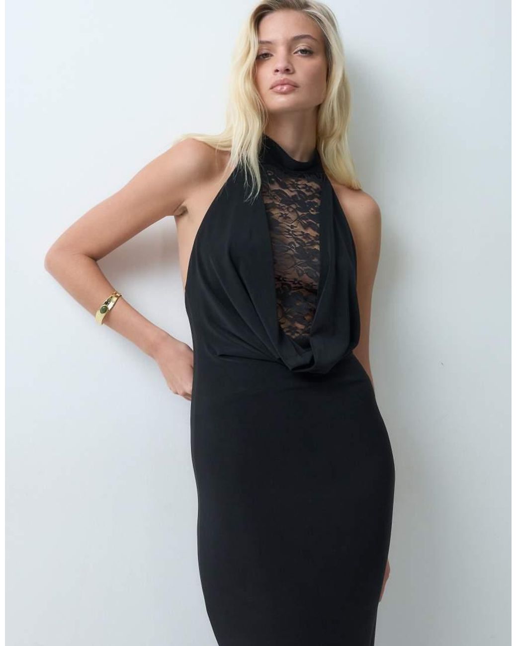 ASOS Black Lace Mix Halter Cowl Maxi Dress
