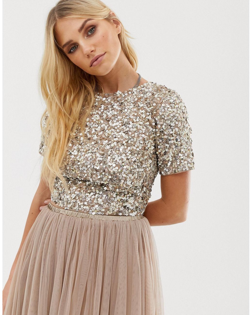 LACE & BEADS Lace Cropped Top With Embellishment And Open Back Co-ord in  Brown | Lyst