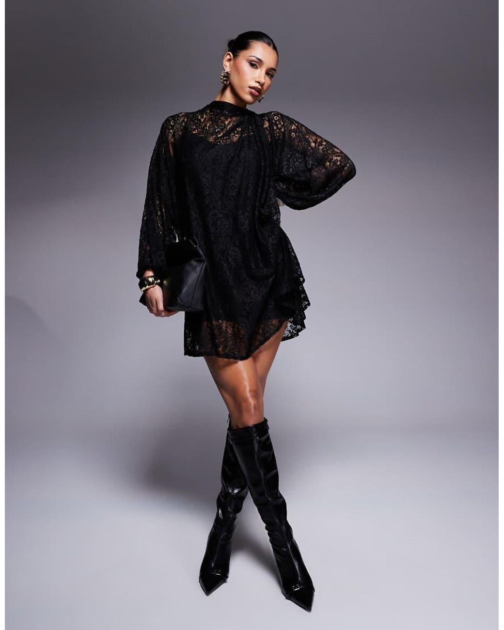 ASOS Black Twist Neck Tie Blouson Sleeve Mini Lace Dress