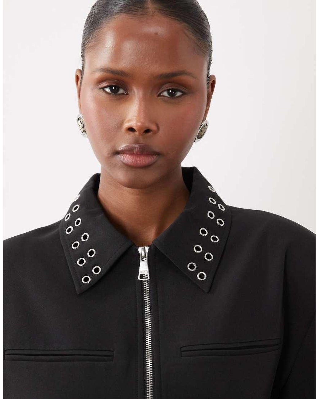 Kaiia Black Exclusive Fitted Cinch Waist Eyelet Collar Detail Shoulder Pad Jacket