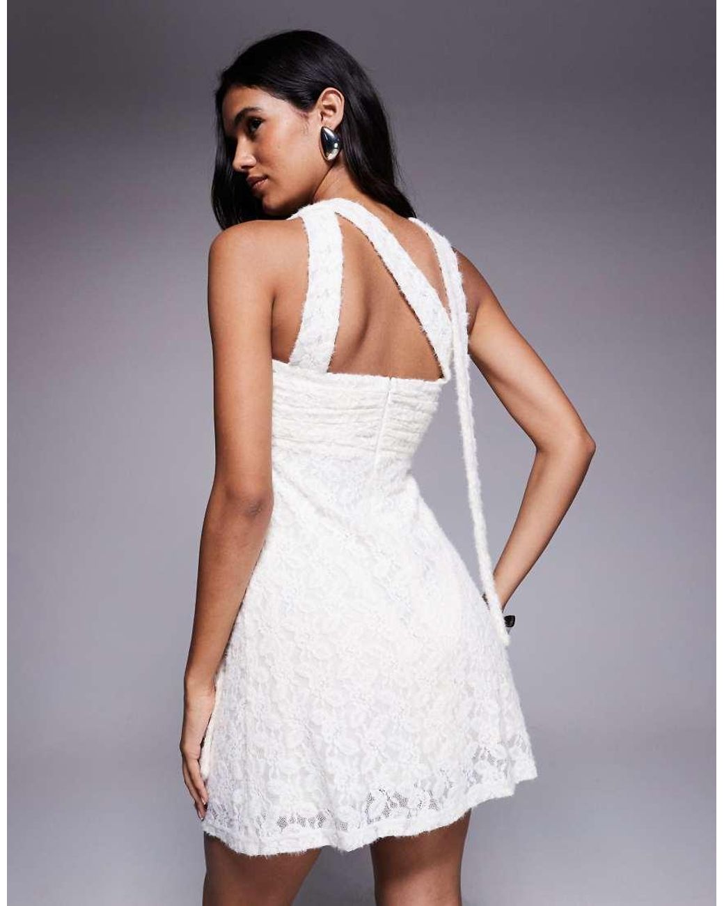 The Frolic Purple Exclusive Lace Ruched Bust Detail Bandeau Flippy Hem Mini Dress With Scarf Detail