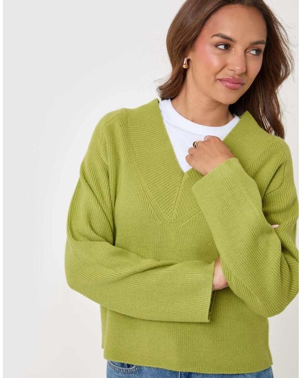 Threadbare Green Deep Rib V-Neck Jumper