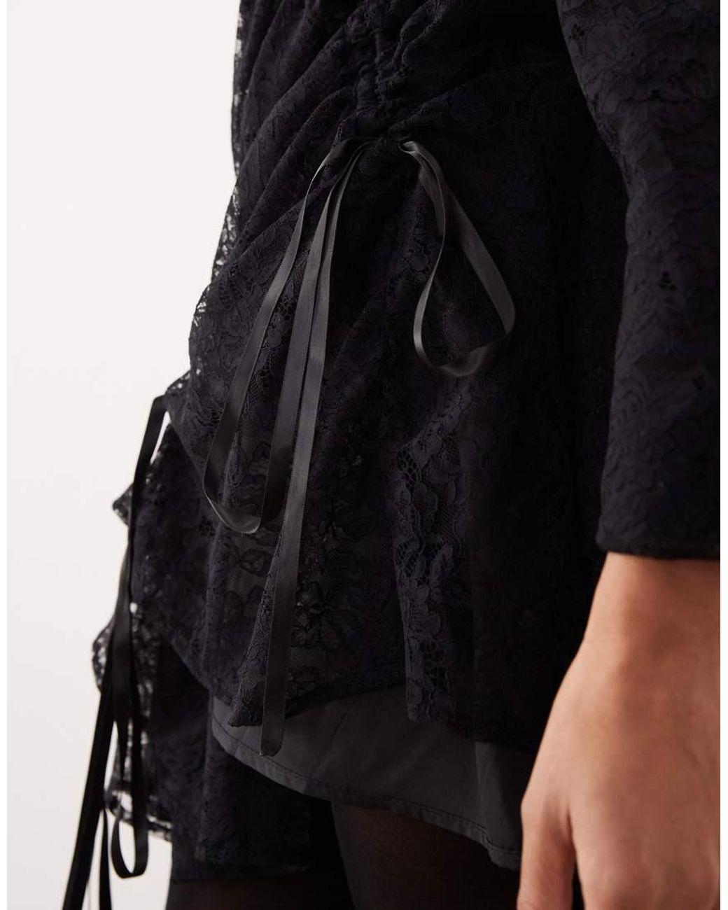 Ghospell Black Cotton Blend Lace Ruched Tie Detail Mini Dress
