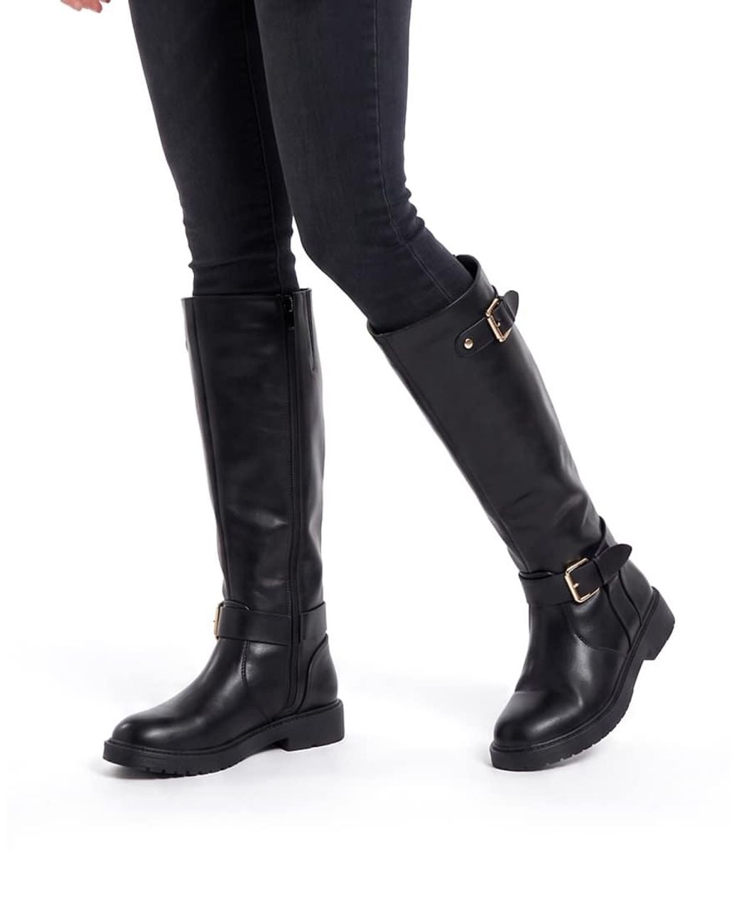 SEQWL Black Knee High Riding Boots With Double Buckles And Straps