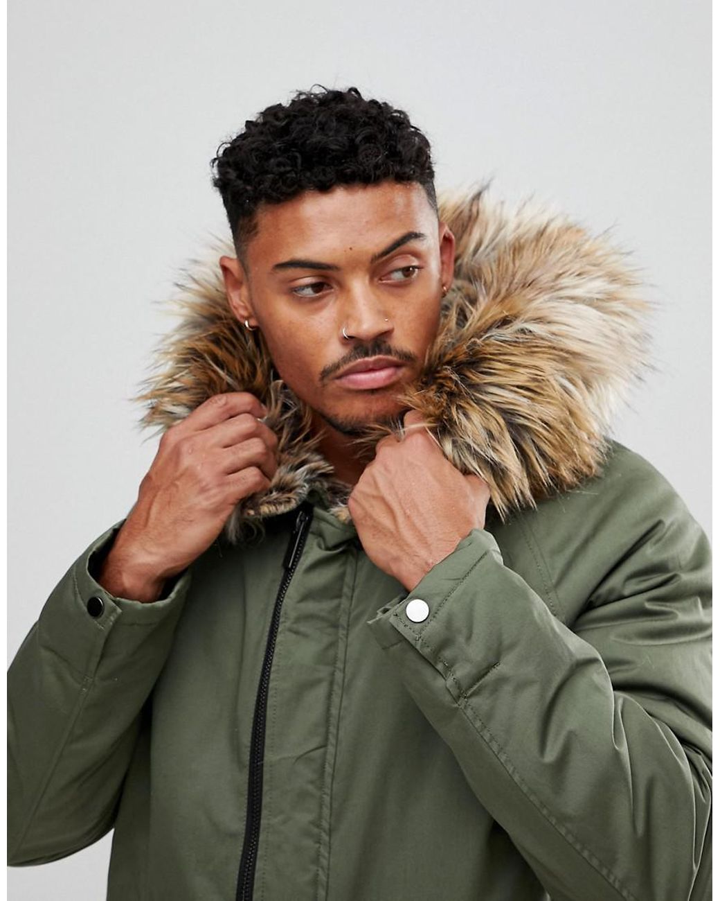 River Island Parka Jacket With Faux Fur Lining In Khaki in Green for Men |  Lyst