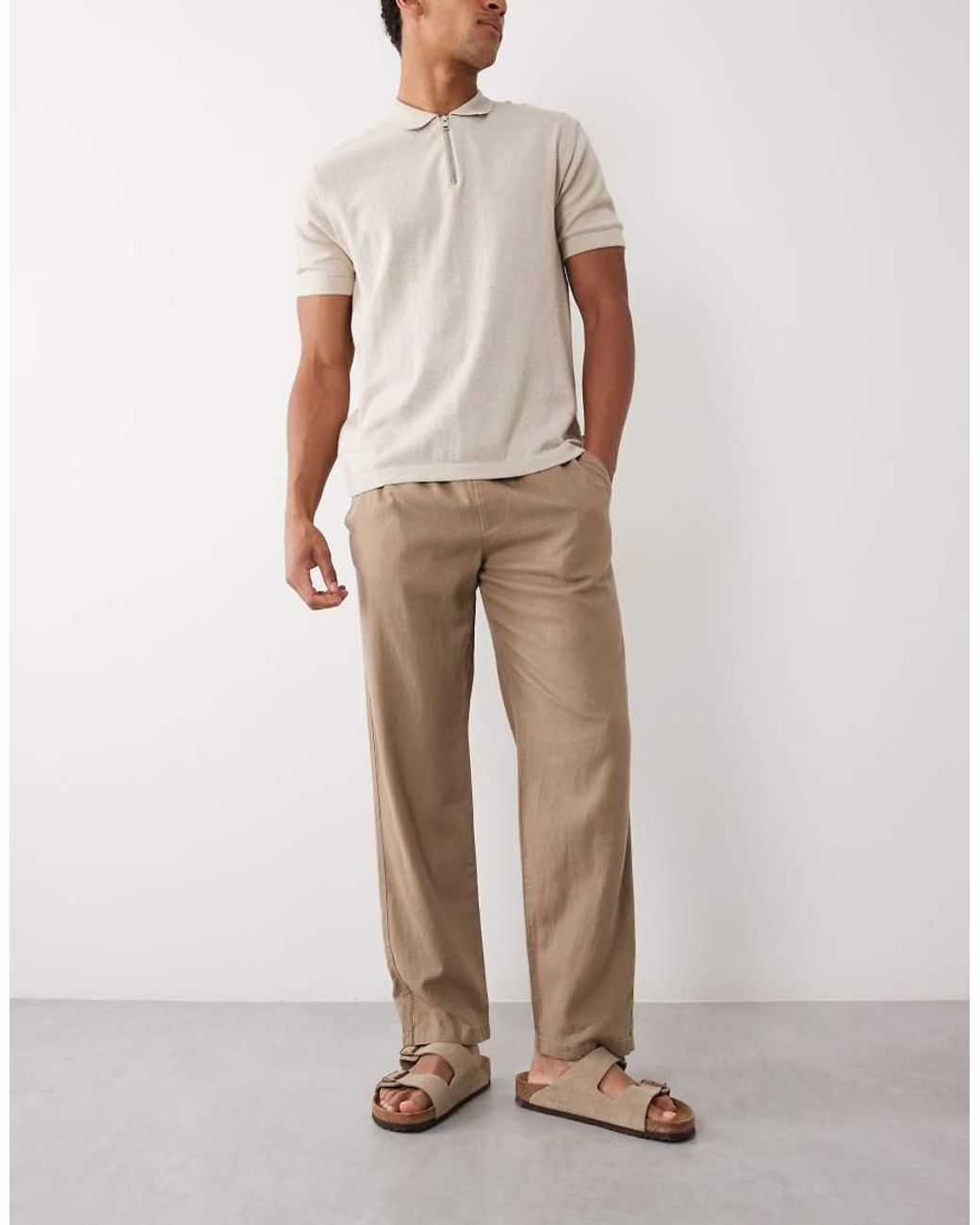 Threadbare Natural Pull On Linen Look Straight Fit Trousers for men