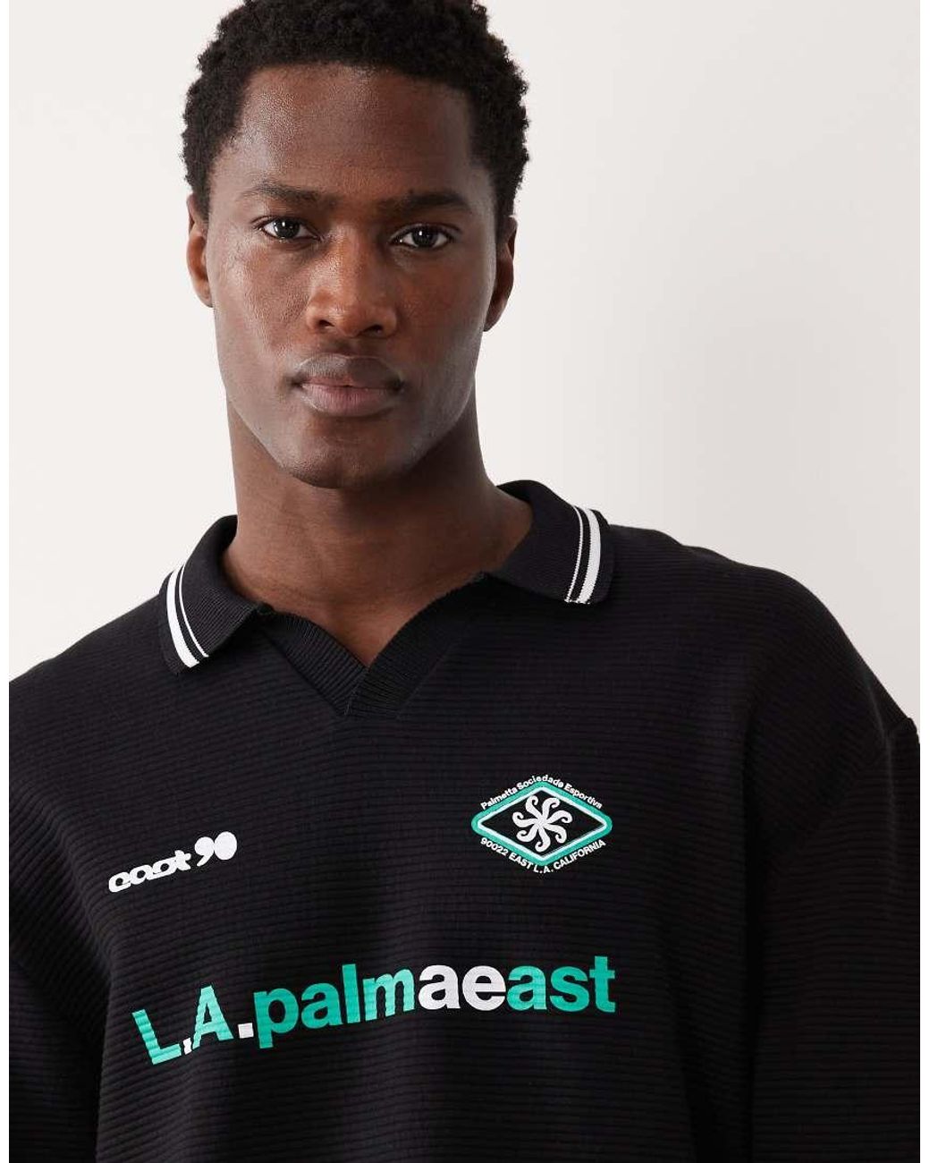 ASOS Black Relaxed Textured Rugby Polo Sweatshirt With Graphic for men