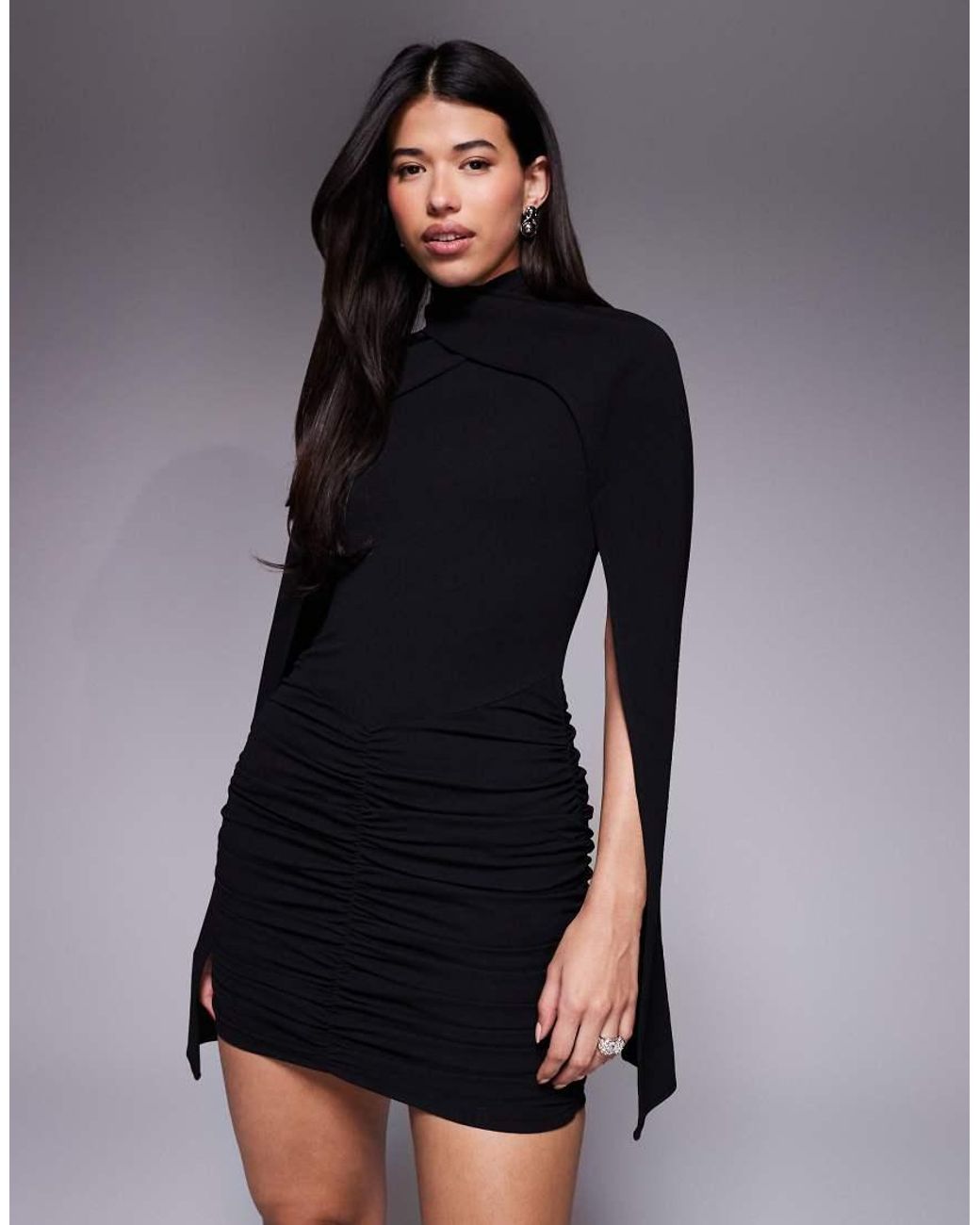 Ruched & Ready Black Crossover High Neck Open Cape Sleeve Mini Dress