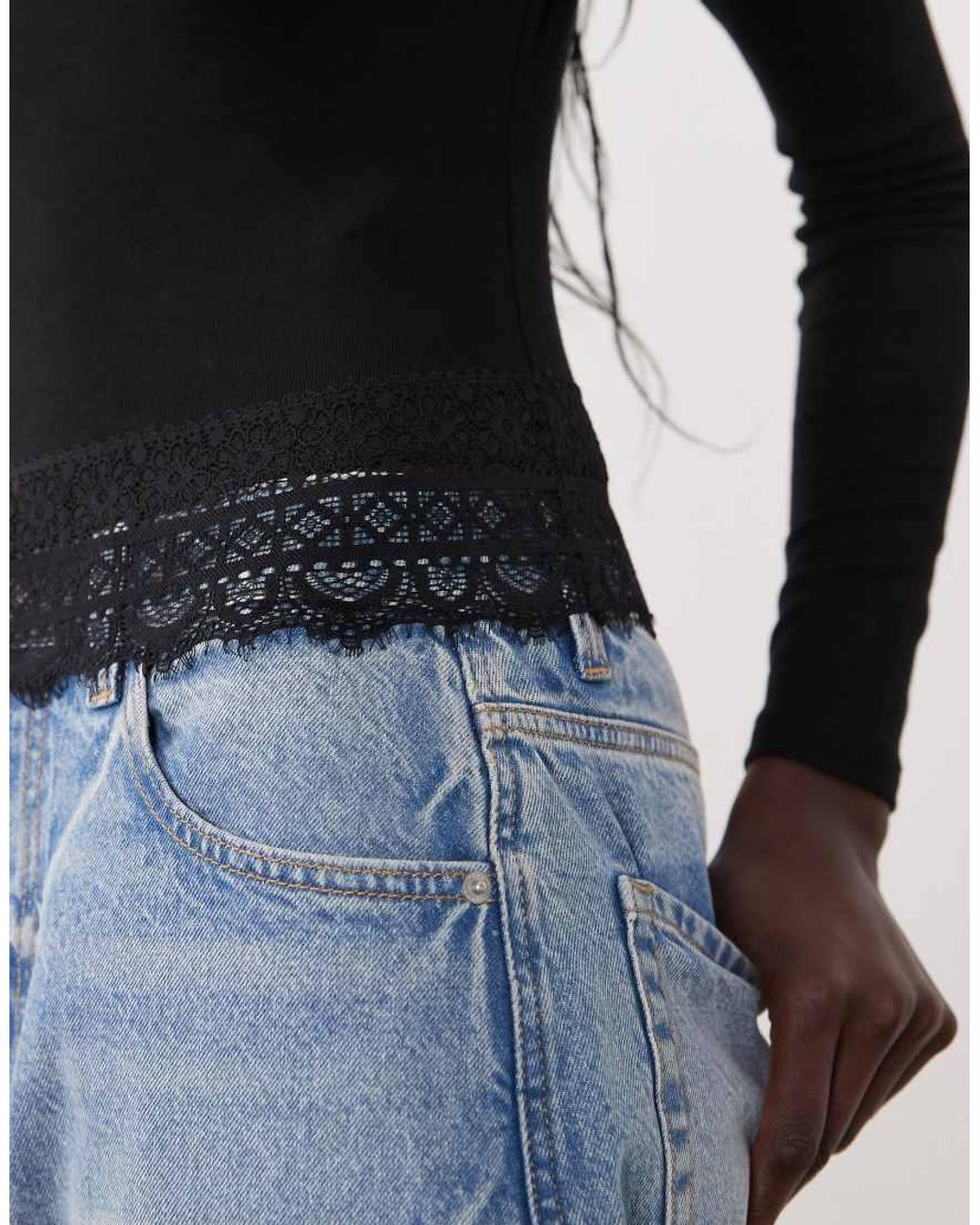 Miss Selfridge Blue Lace Trim Crew Neck Top