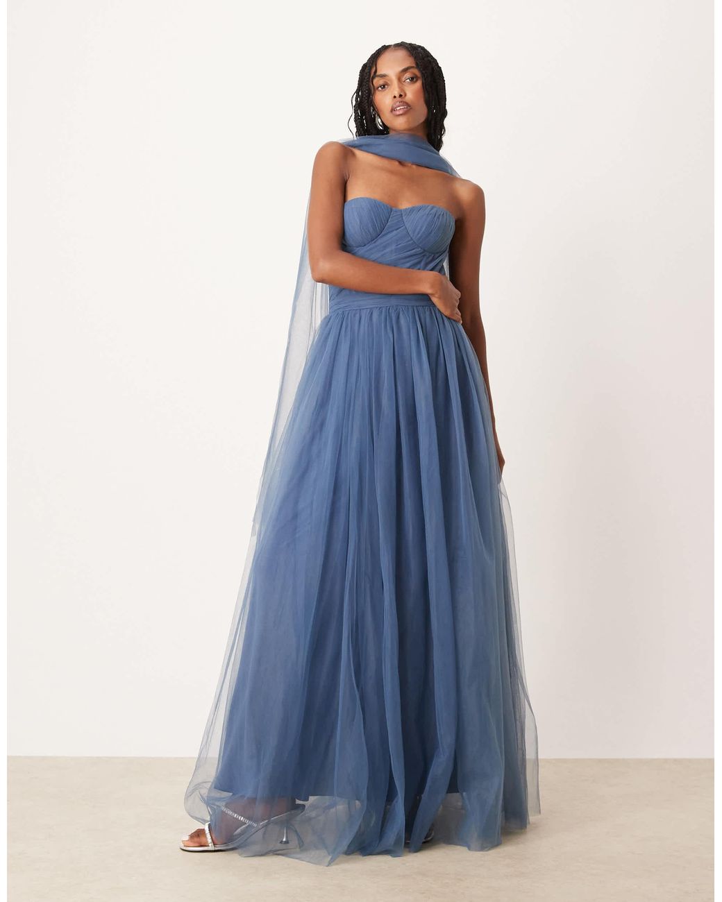 LACE & BEADS Scarf Neck Corset Tulle Maxi Dress in Blue | Lyst